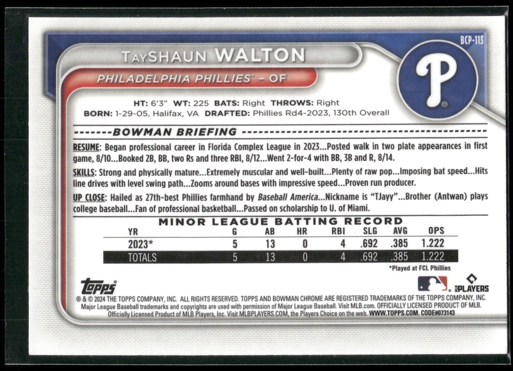 2024 Bowman #BCP-113 TayShaun Walton Chrome Prospects