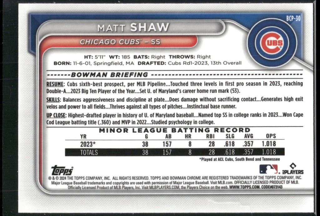 2024 Bowman #BCP-30 Matt Shaw Chrome Prospects