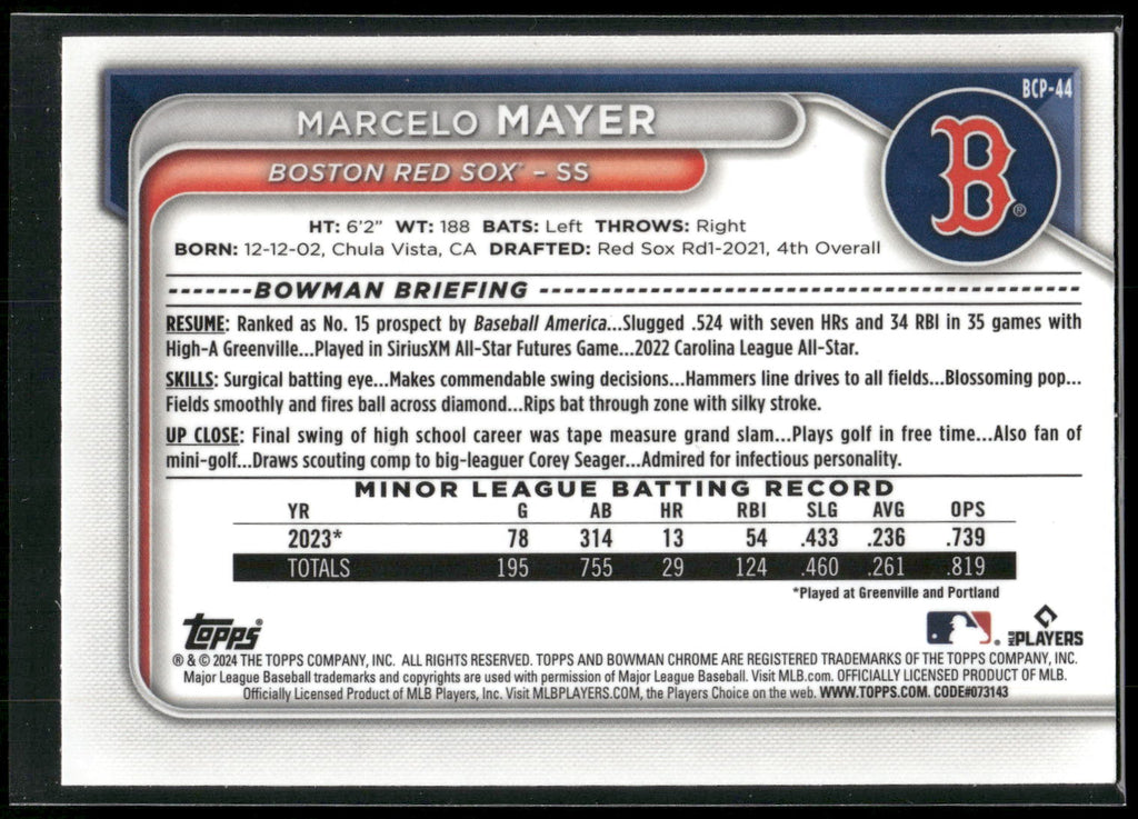 2024 Bowman #BCP-44 Marcelo Mayer Chrome Prospects