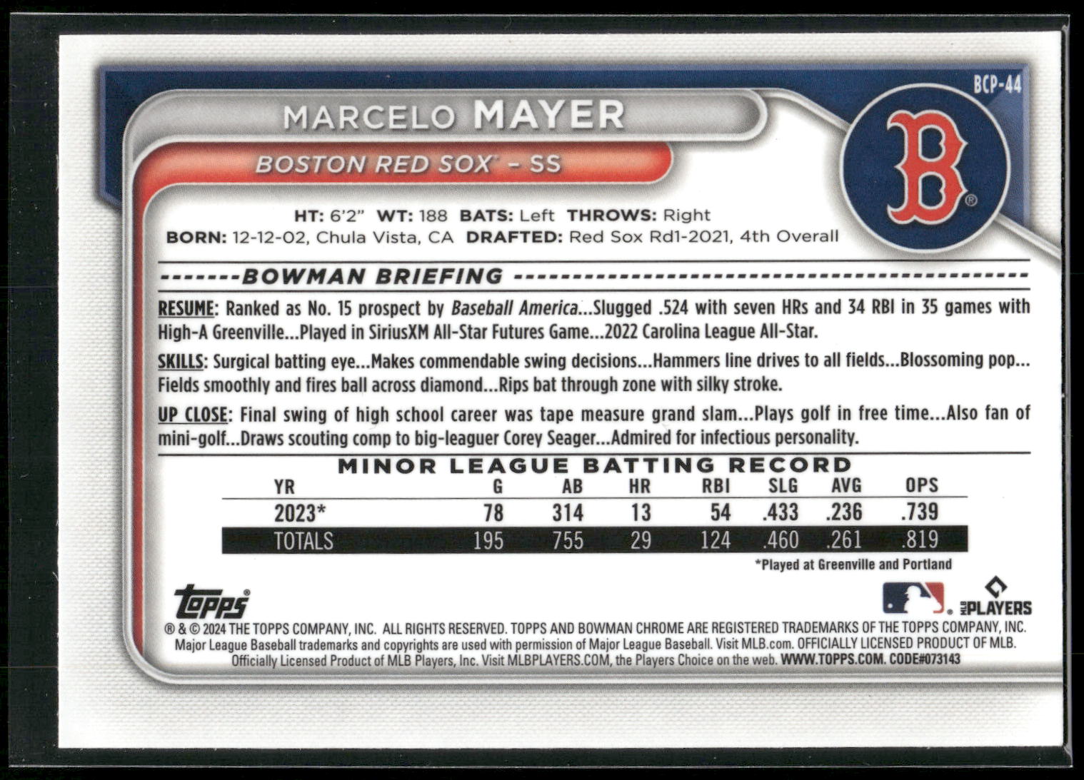 2024 Bowman #BCP-44 Marcelo Mayer Chrome Prospects