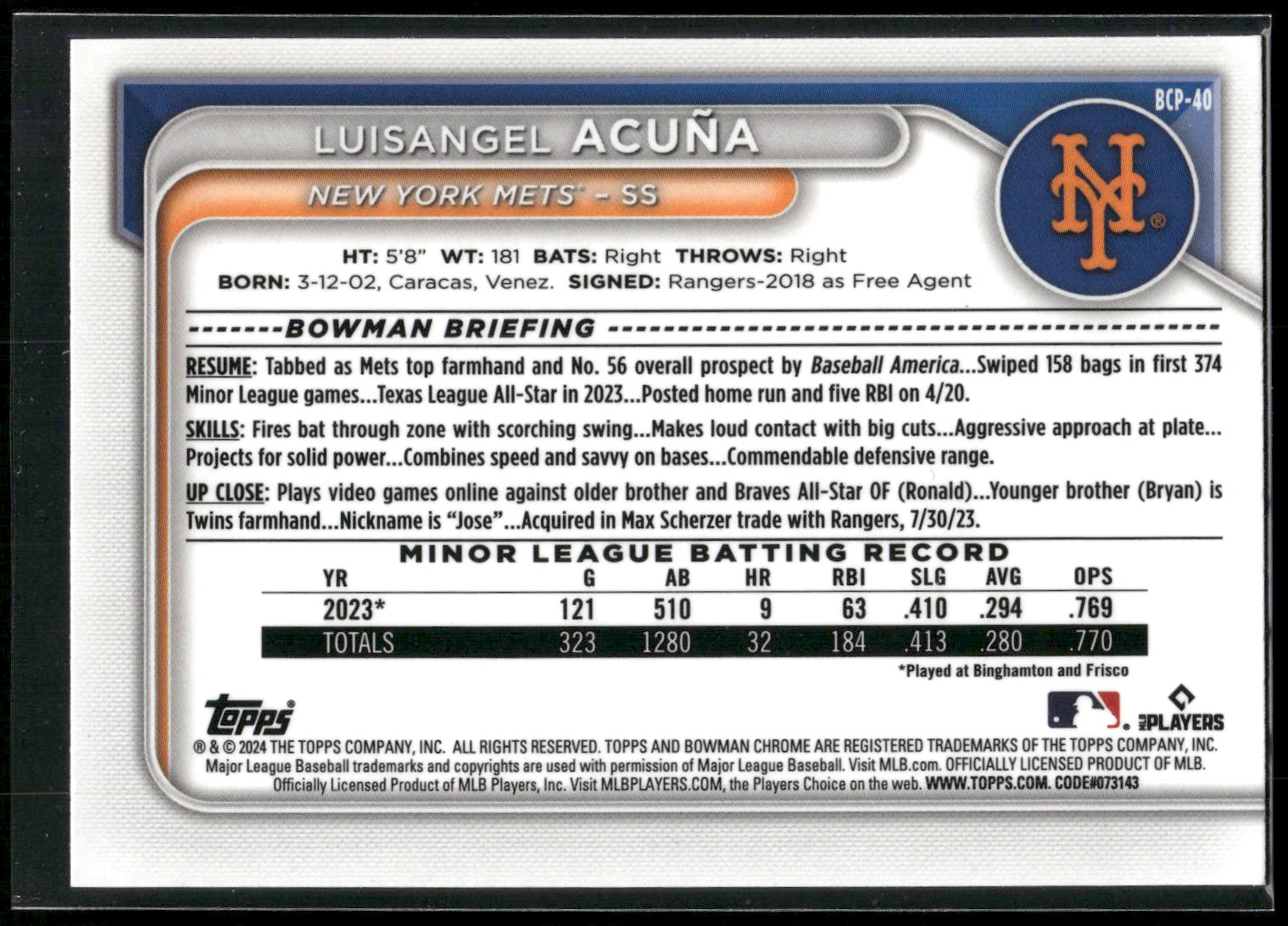2024 Bowman #BCP-40 Luisangel Acuña Chrome Prospects