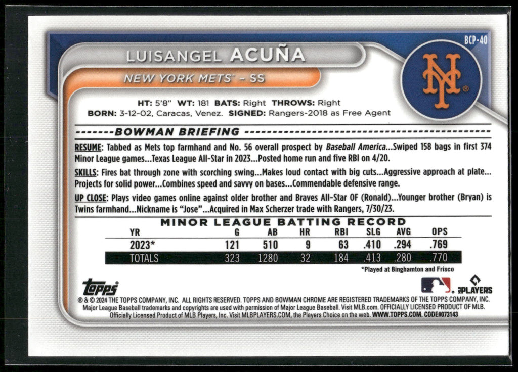 2024 Bowman #BCP-40 Luisangel Acuña Chrome Prospects