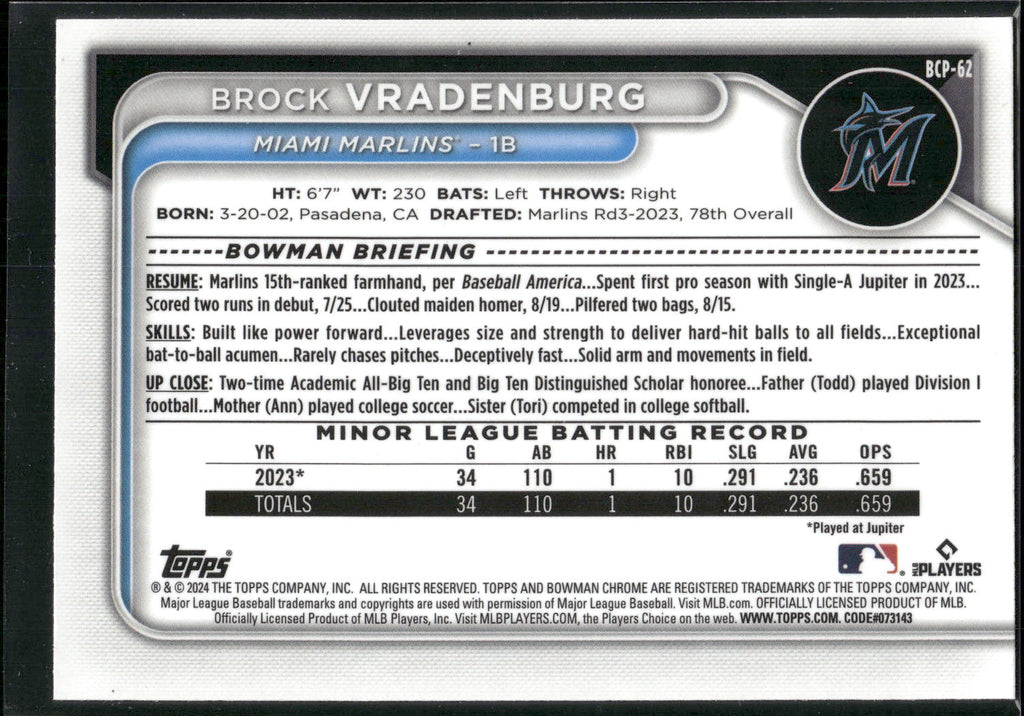 2024 Bowman #BCP-62 Brock Vradenburg Chrome Prospects