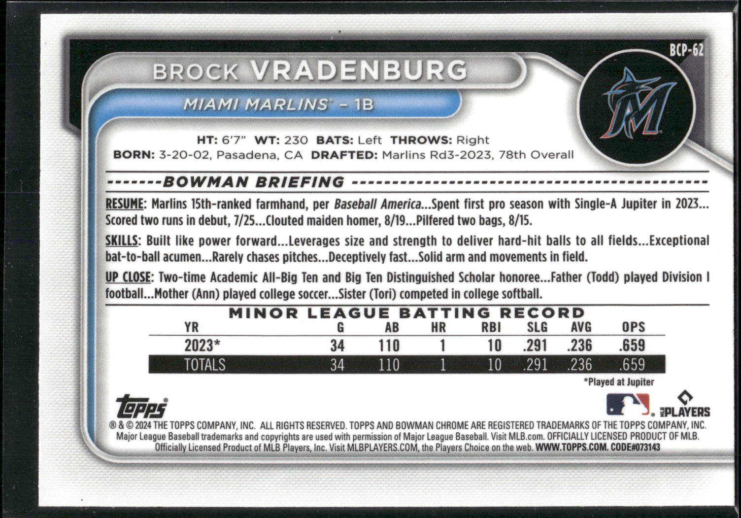 2024 Bowman #BCP-62 Brock Vradenburg Chrome Prospects