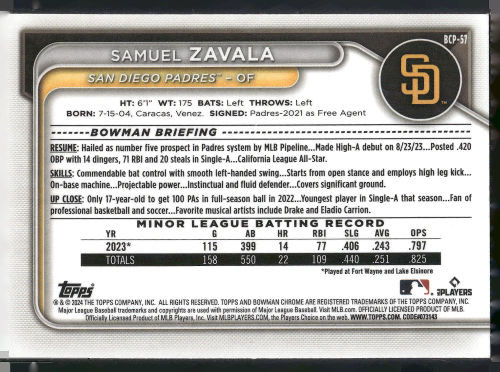 2024 Bowman #BCP-57 Samuel Zavala Chrome Prospects