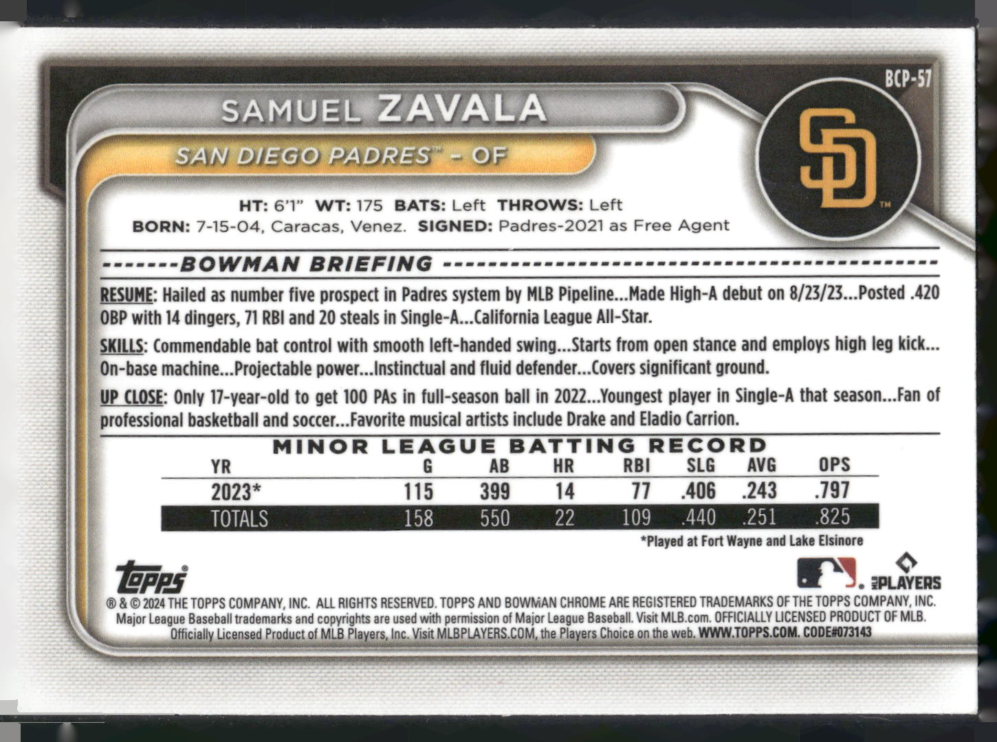2024 Bowman #BCP-57 Samuel Zavala Chrome Prospects