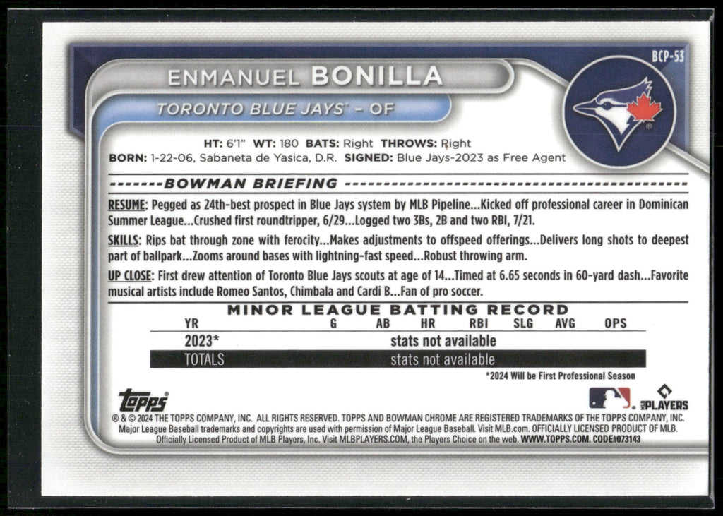2024 Bowman #BCP-53 Enmanuel Bonilla Chrome Prospects