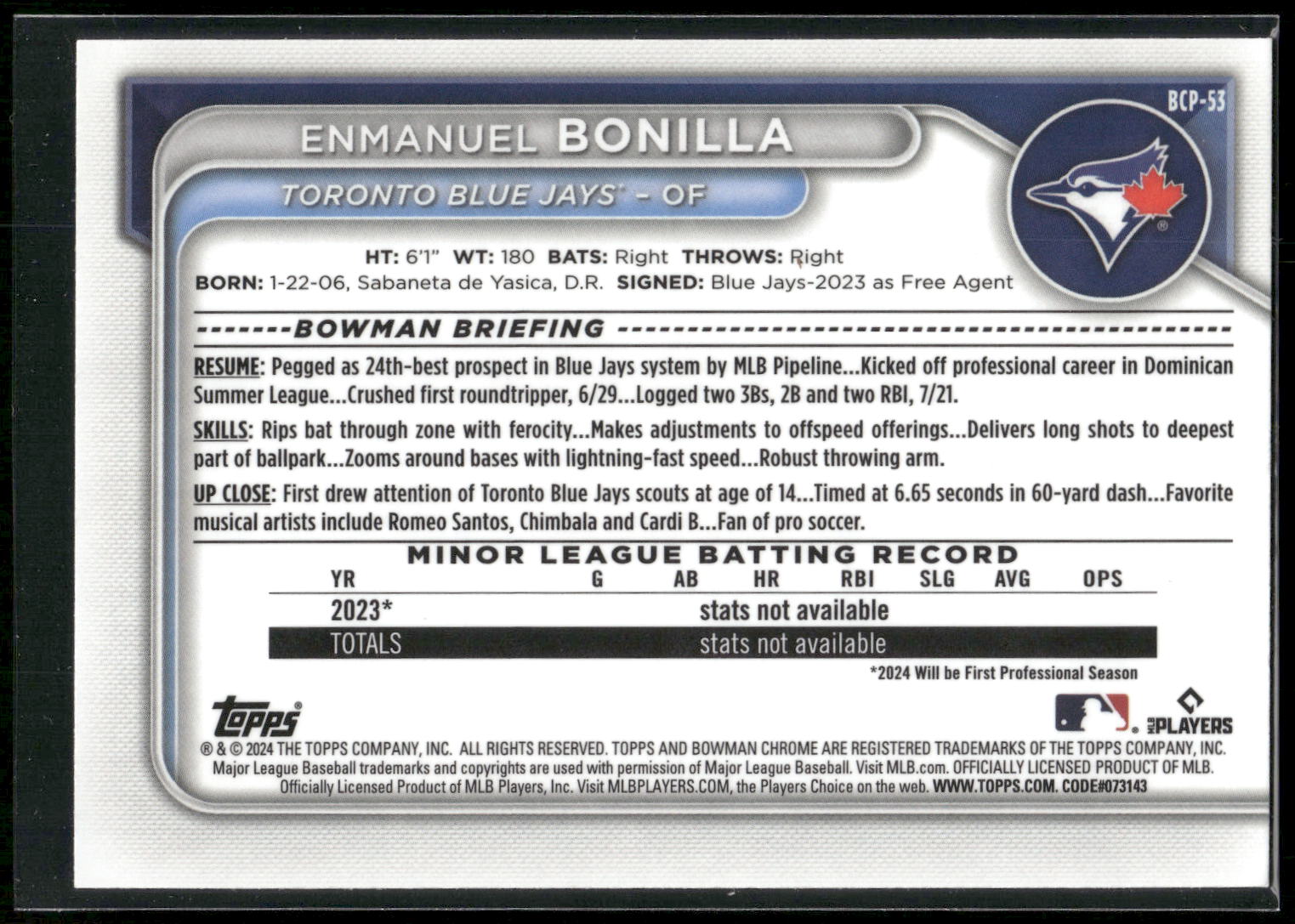 2024 Bowman #BCP-53 Enmanuel Bonilla Chrome Prospects
