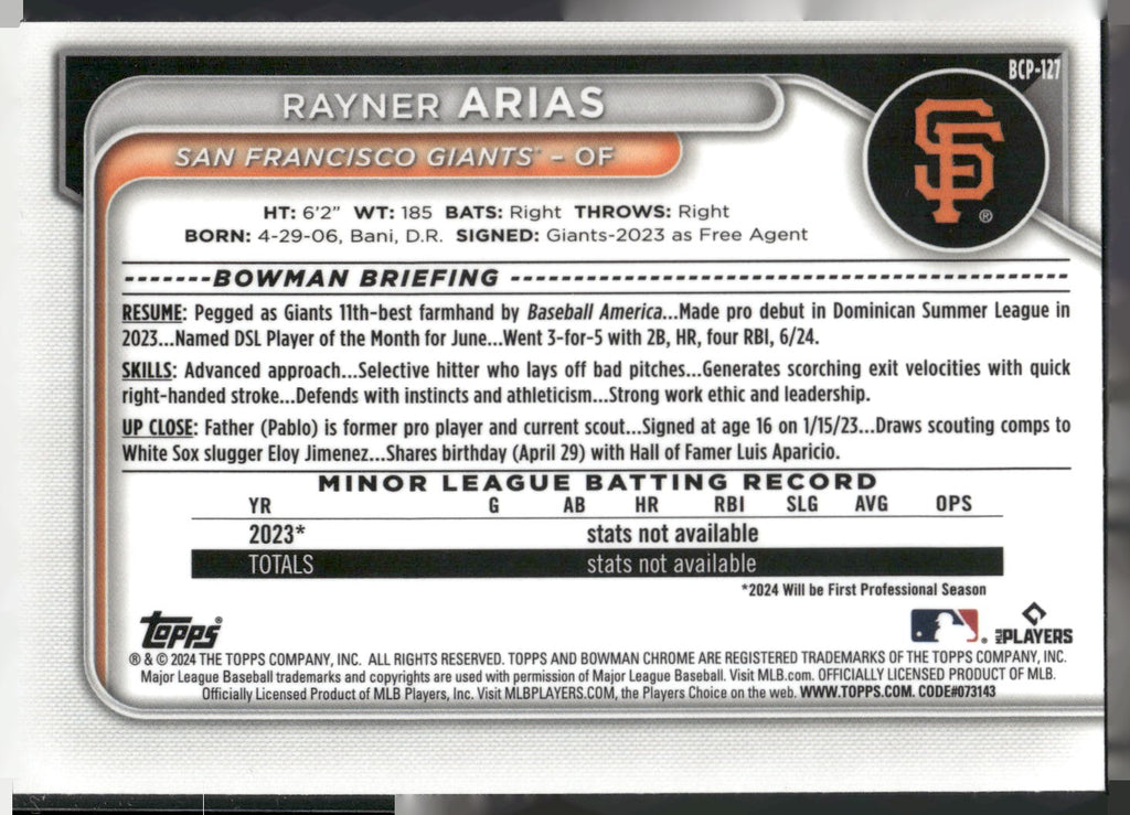 2024 Bowman #BCP-127 Rayner Arias Chrome Prospects