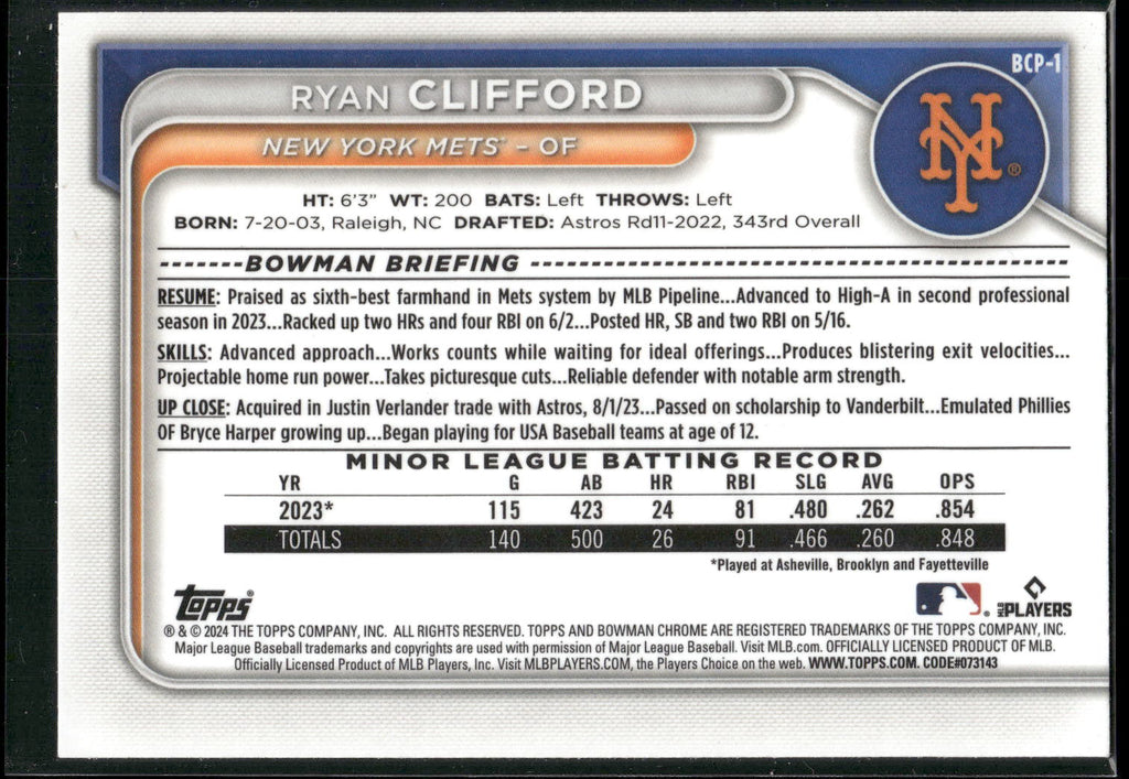 2024 Bowman #BCP-1 Ryan Clifford Chrome Prospects