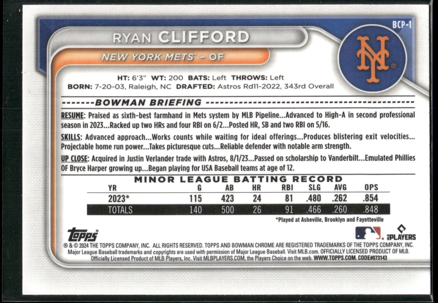 2024 Bowman #BCP-1 Ryan Clifford Chrome Prospects