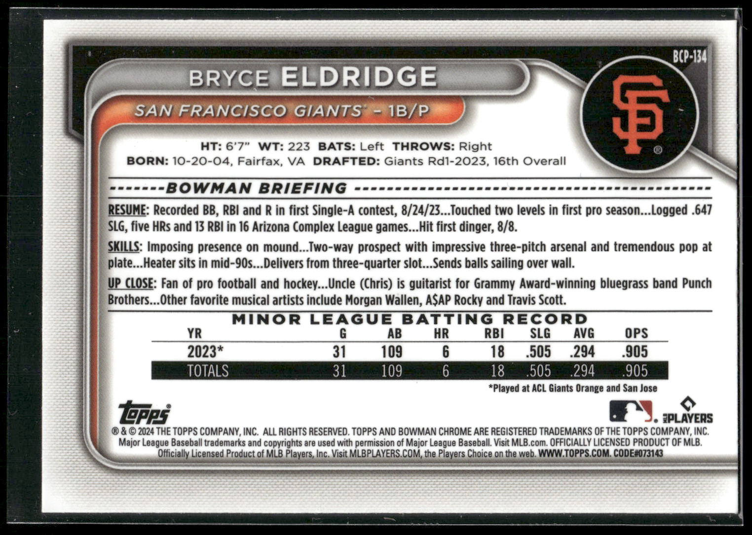 2024 Bowman #BCP-134 Bryce Eldridge Chrome Prospects