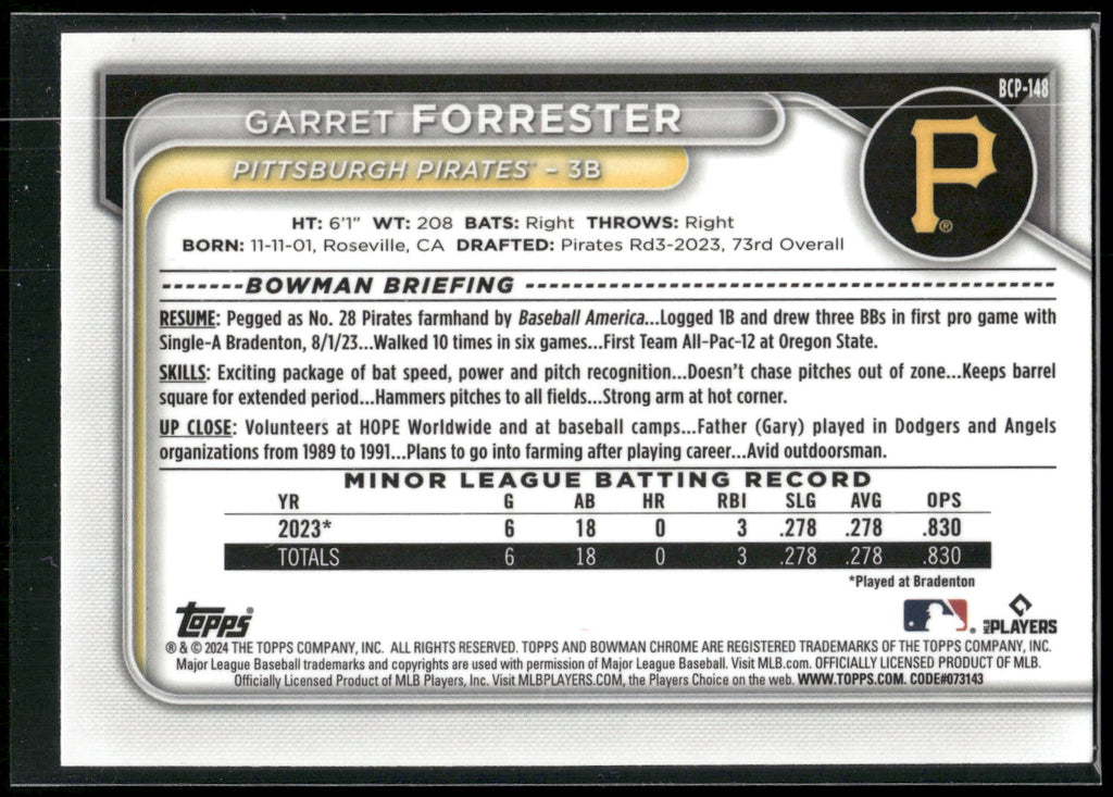 2024 Bowman #BCP-148 Garret Forrester Chrome Prospects