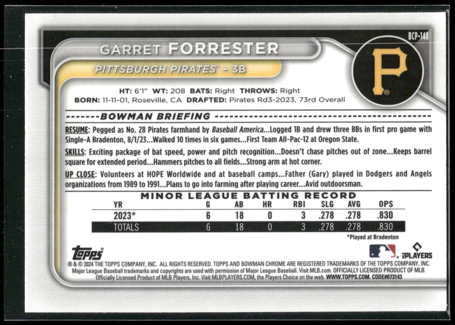 2024 Bowman #BCP-148 Garret Forrester Chrome Prospects