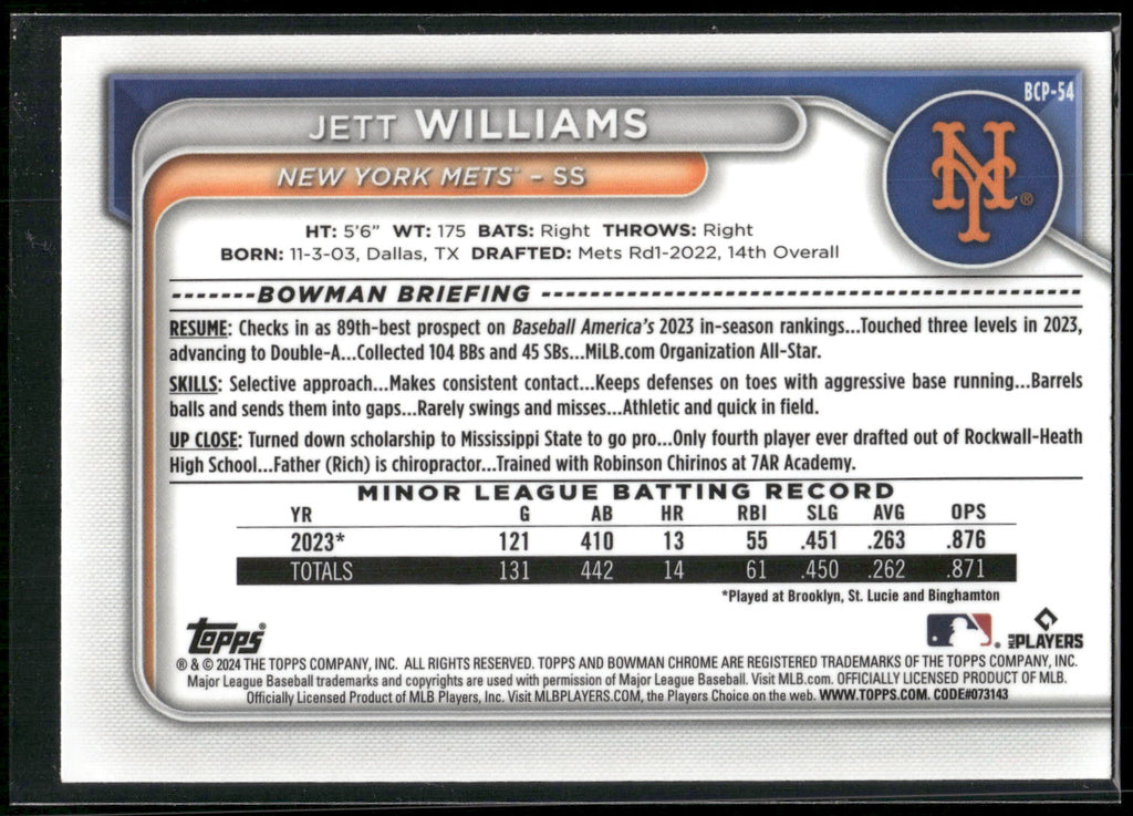 2024 Bowman #BCP-54 Jett Williams Chrome Prospects