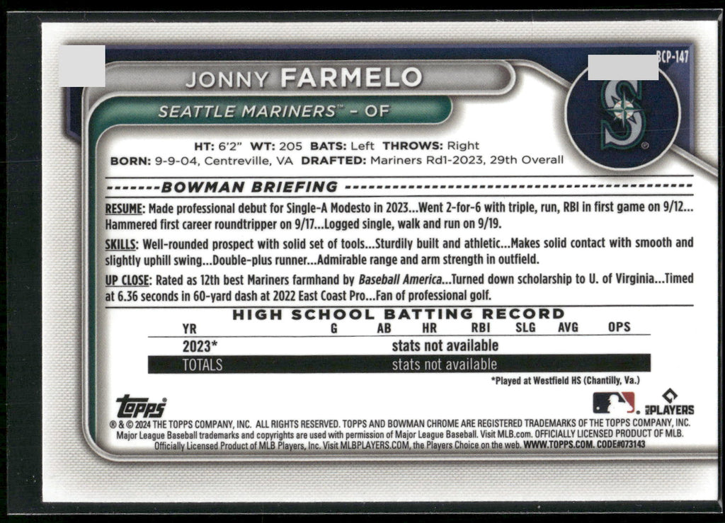 2024 Bowman #BCP-147 Jonny Farmelo Chrome Prospects