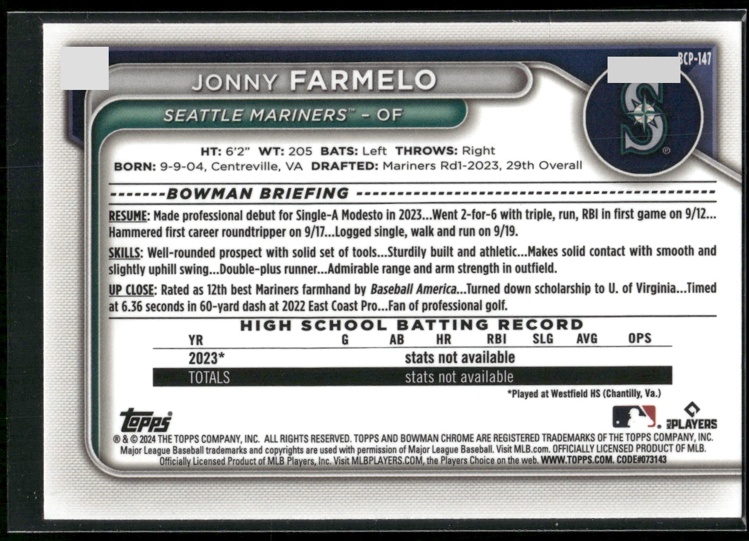 2024 Bowman #BCP-147 Jonny Farmelo Chrome Prospects