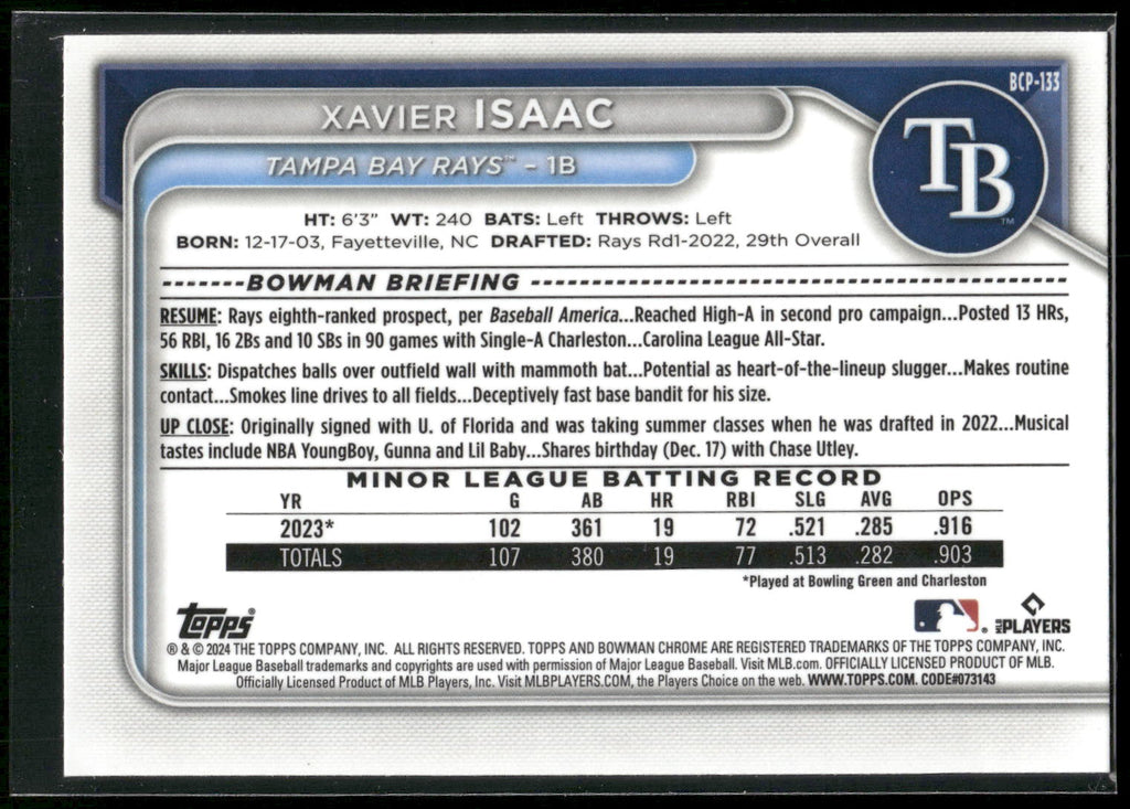 2024 Bowman #BCP-133 Xavier Isaac Chrome Prospects