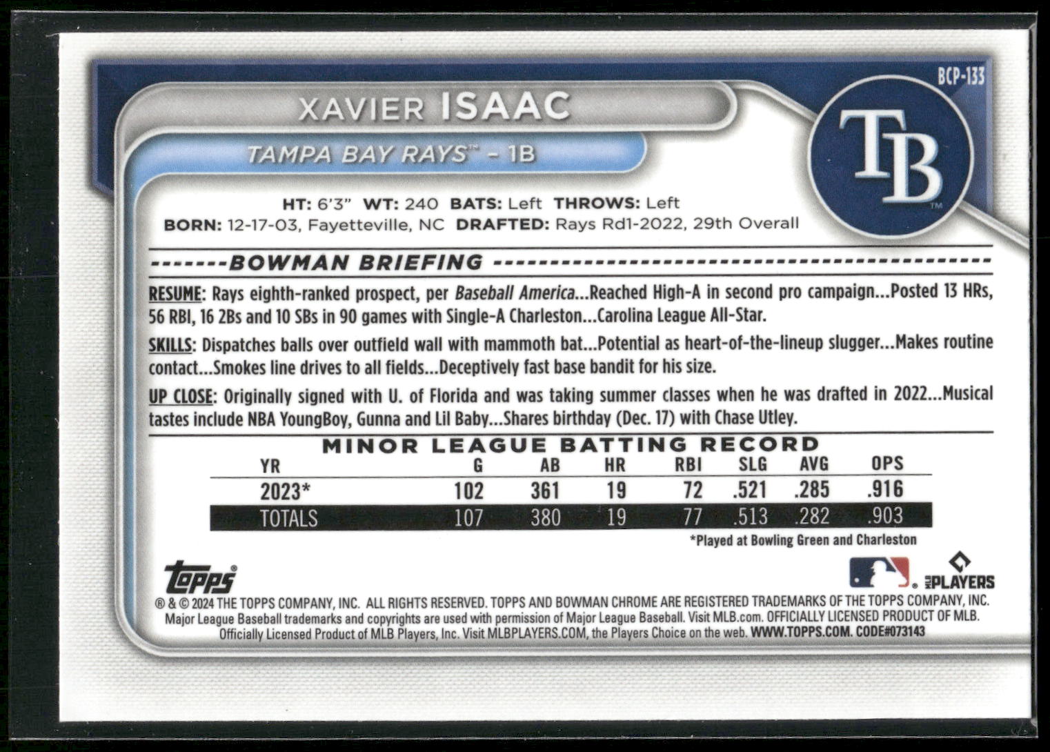 2024 Bowman #BCP-133 Xavier Isaac Chrome Prospects