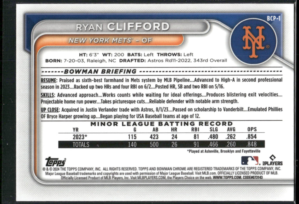 2024 Bowman #BCP-1 Ryan Clifford Chrome Prospects