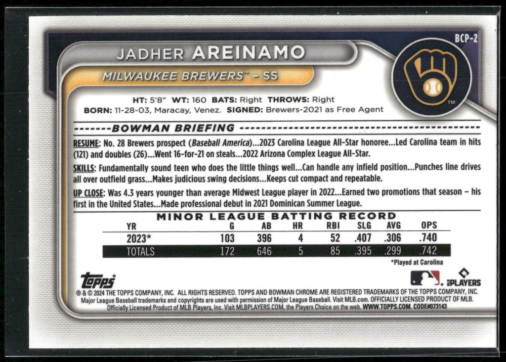 2024 Bowman #BCP-2 Jadher Areinamo Chrome Prospects