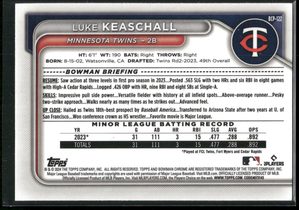 2024 Bowman #BCP-122 Luke Keaschall Chrome Prospects