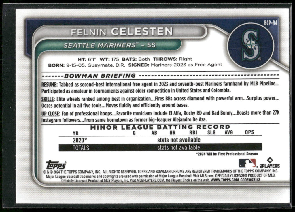 2024 Bowman #BCP-94 Felnin Celesten Chrome Prospects