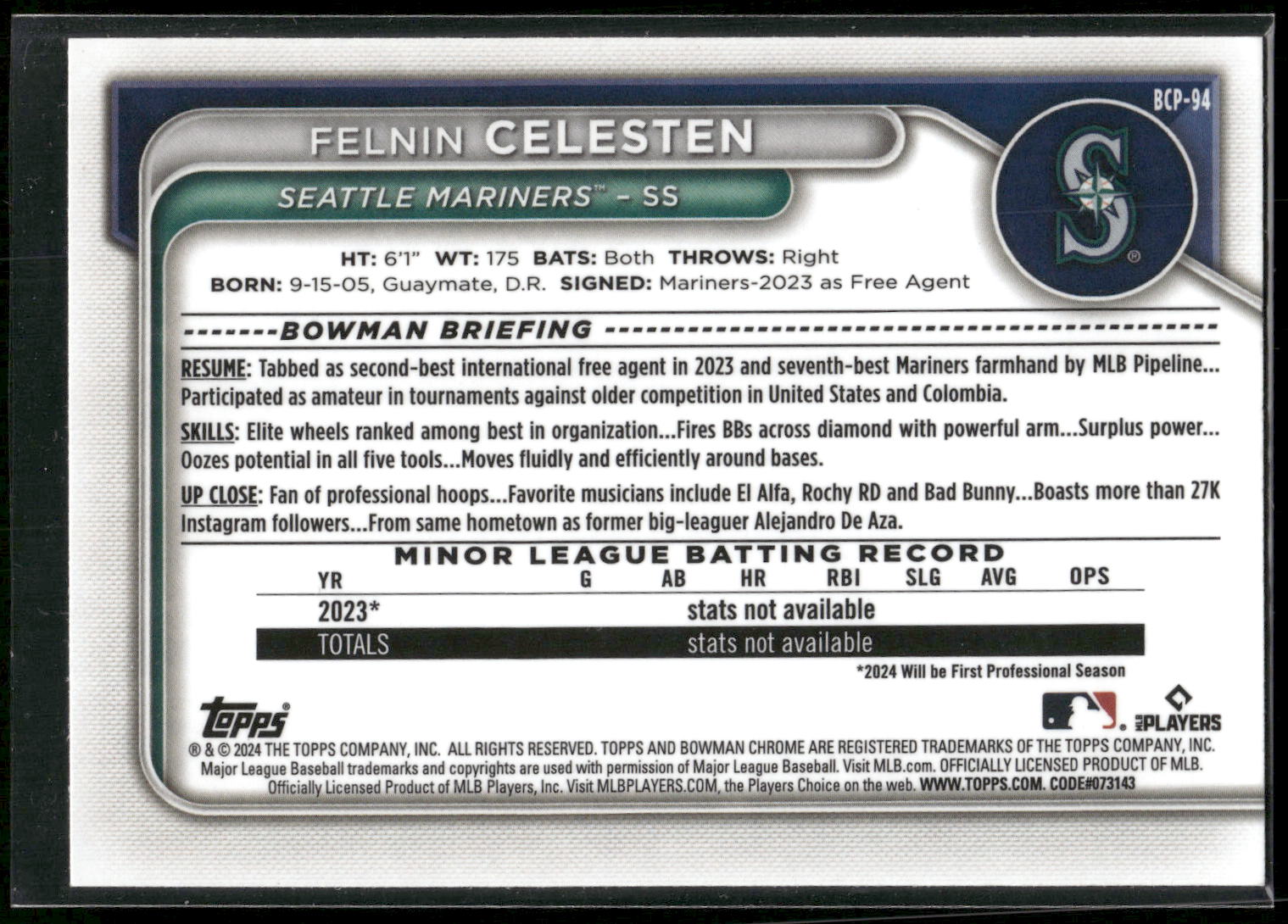 2024 Bowman #BCP-94 Felnin Celesten Chrome Prospects