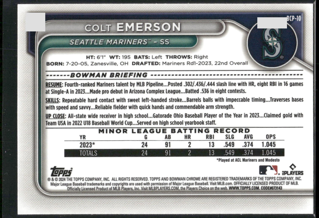 2024 Bowman #BCP-10 Colt Emerson Chrome Prospects