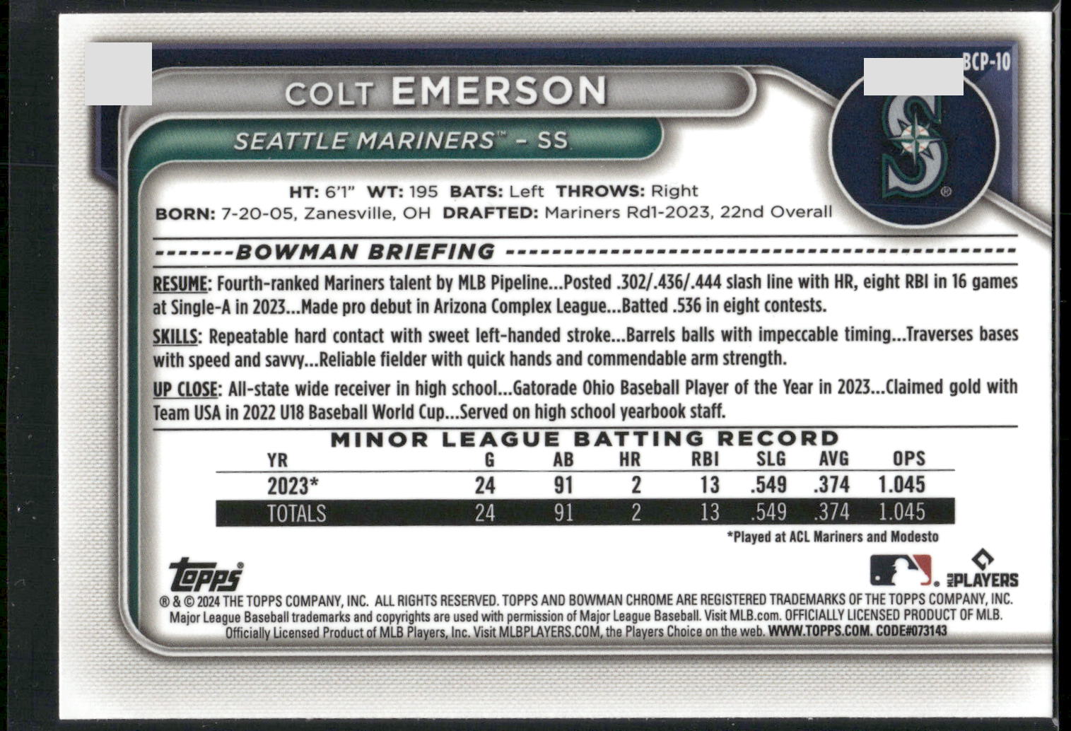 2024 Bowman #BCP-10 Colt Emerson Chrome Prospects