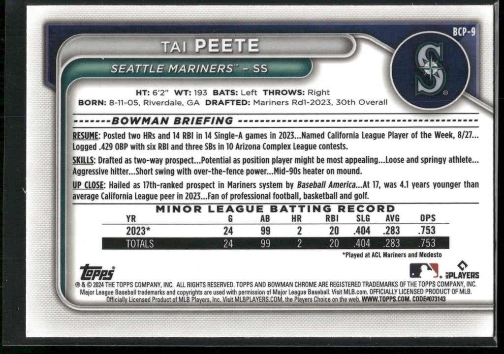 2024 Bowman #BCP-9 Tai Peete Chrome Prospects