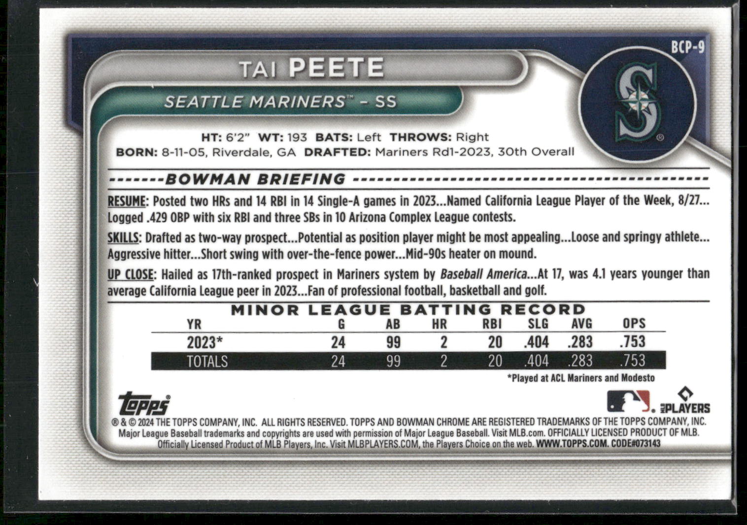 2024 Bowman #BCP-9 Tai Peete Chrome Prospects