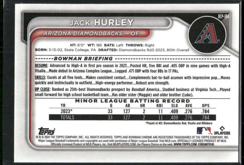 2024 Bowman #BCP-104 Jack Hurley Chrome Prospects