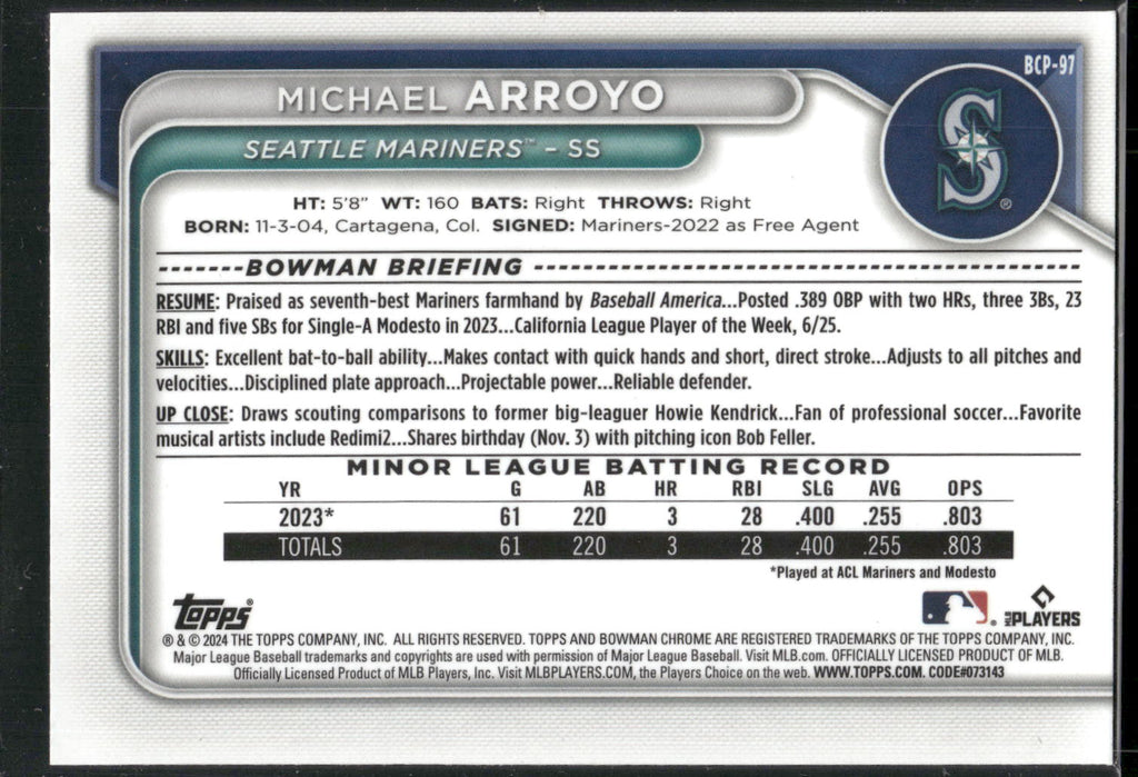 2024 Bowman #BCP-97 Michael Arroyo Chrome Prospects