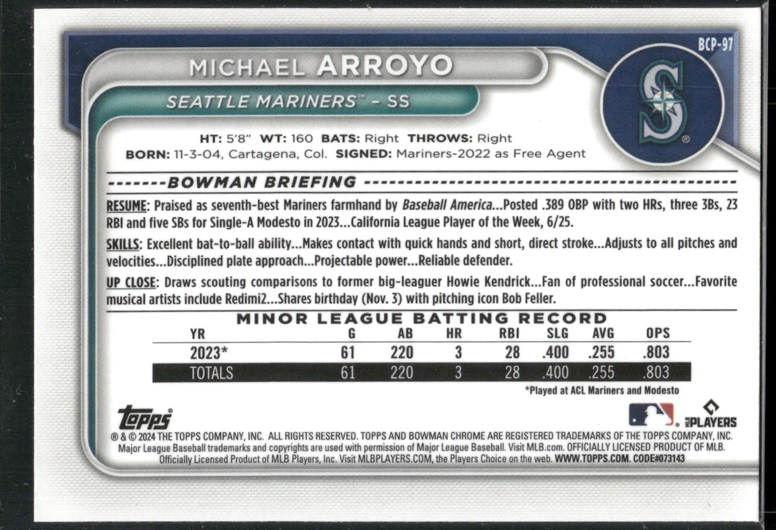 2024 Bowman #BCP-97 Michael Arroyo Chrome Prospects