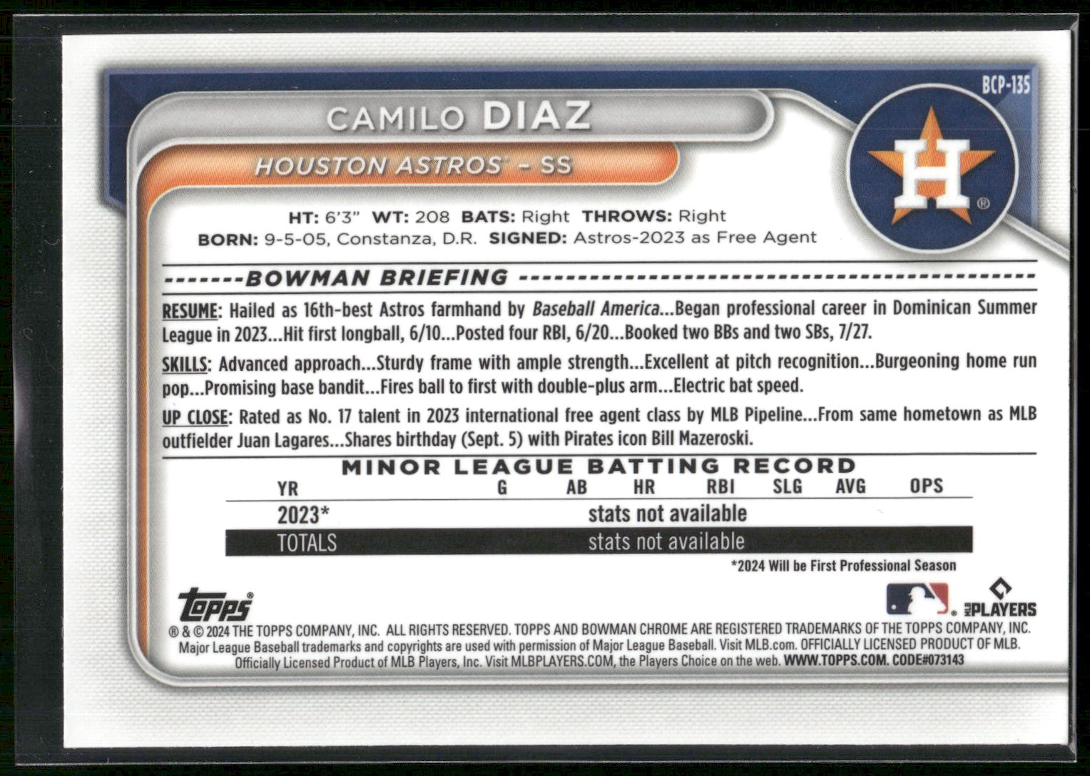 2024 Bowman #BCP-135 Camilo Diaz Chrome Prospects