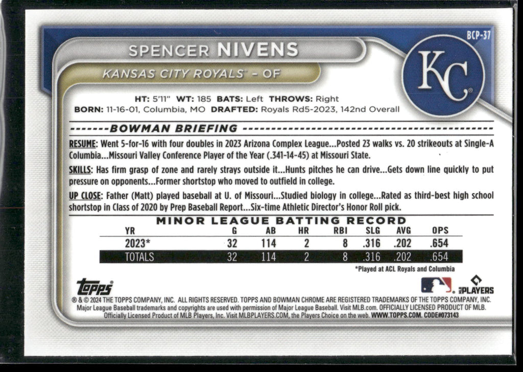 2024 Bowman #BCP-37 Spencer Nivens Chrome Prospects