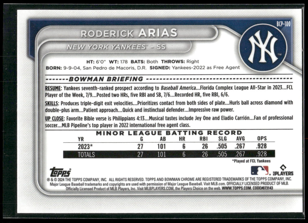 2024 Bowman #BCP-100 Roderick Arias Chrome Prospects