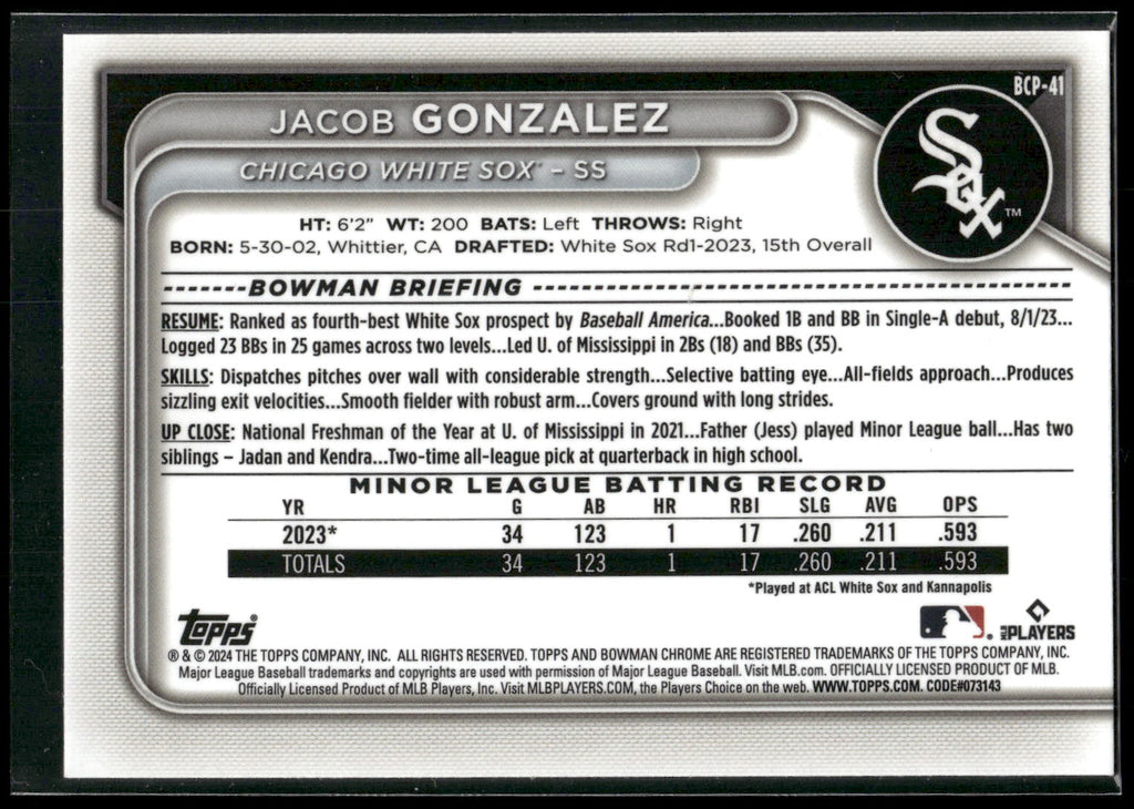 2024 Bowman #BCP-41 Jacob Gonzalez Chrome Prospects
