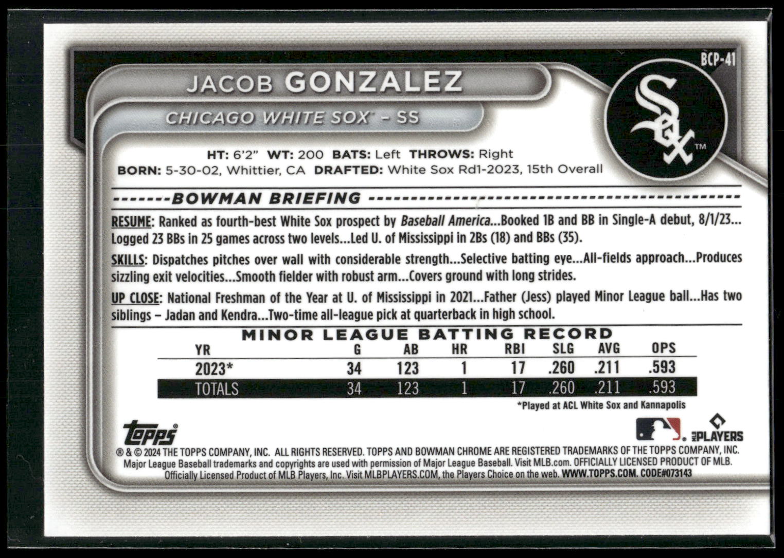 2024 Bowman #BCP-41 Jacob Gonzalez Chrome Prospects