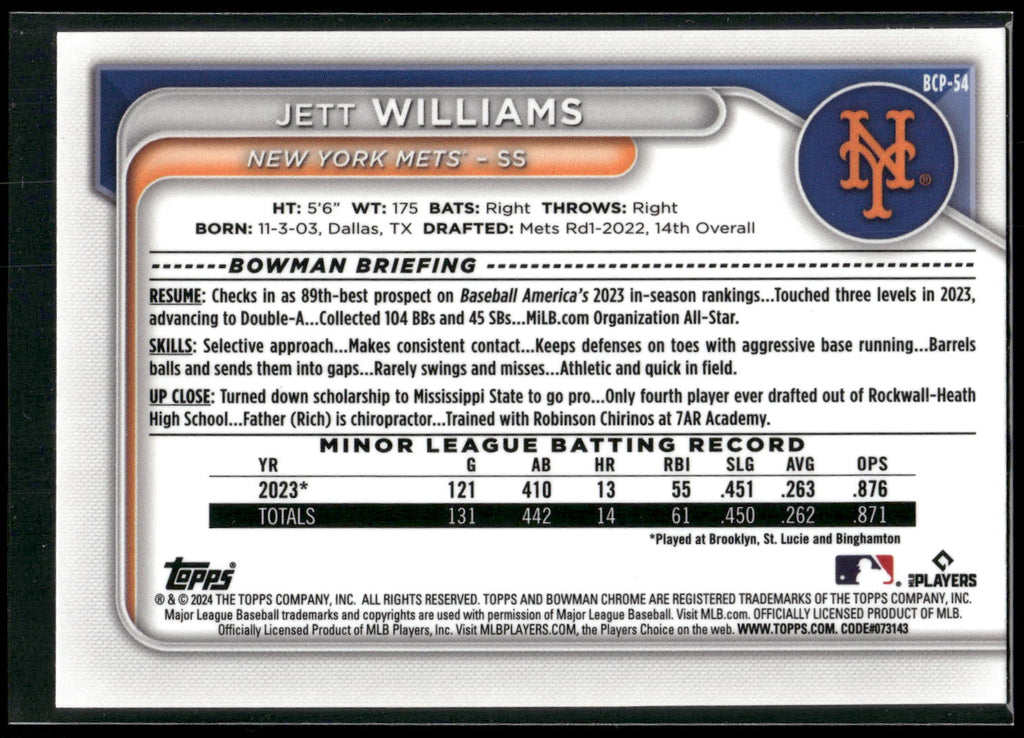 2024 Bowman #BCP-54 Jett Williams Chrome Prospects