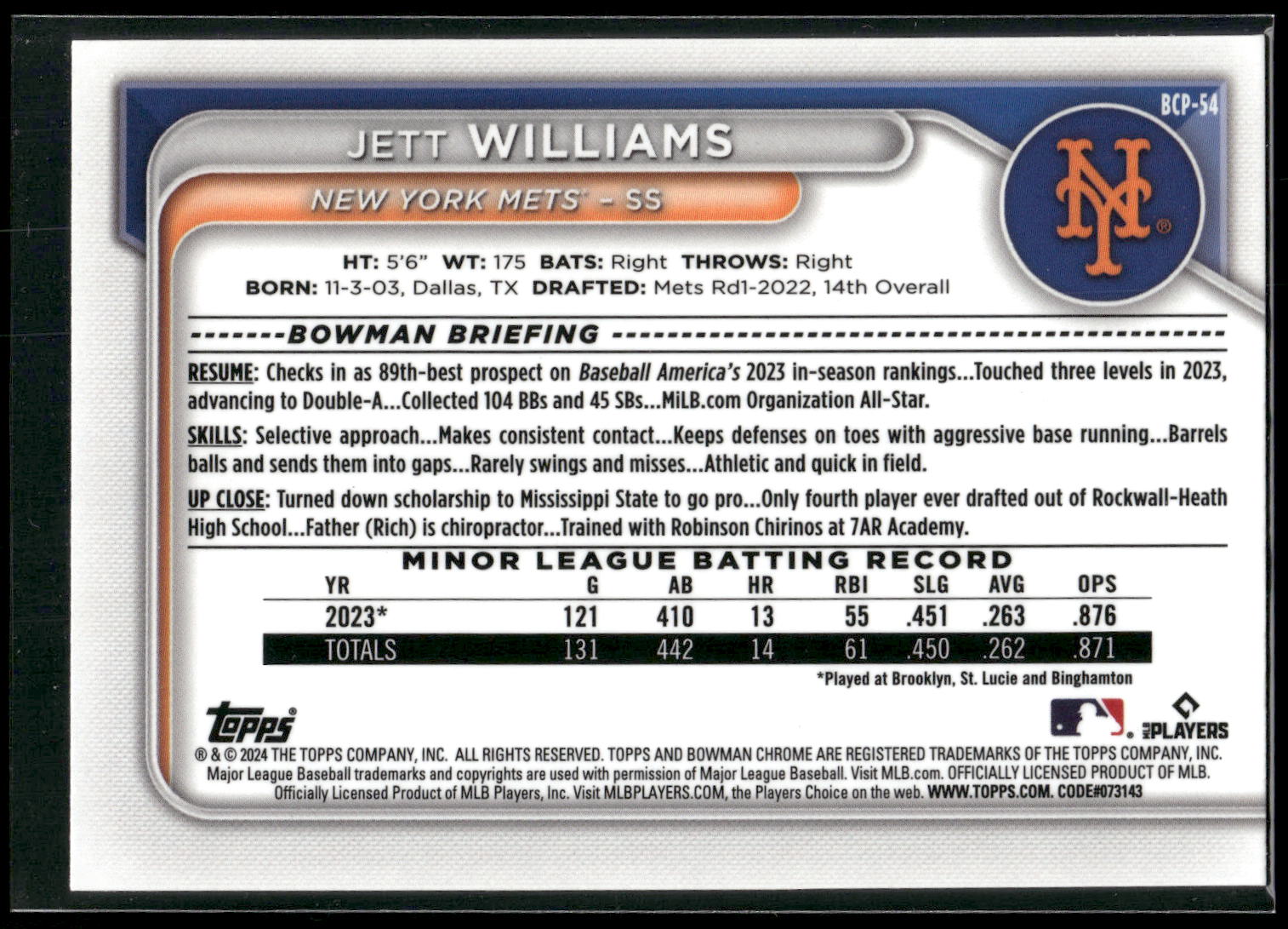 2024 Bowman #BCP-54 Jett Williams Chrome Prospects