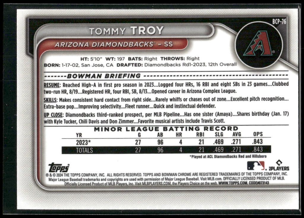 2024 Bowman #BCP-76 Tommy Troy Chrome Prospects