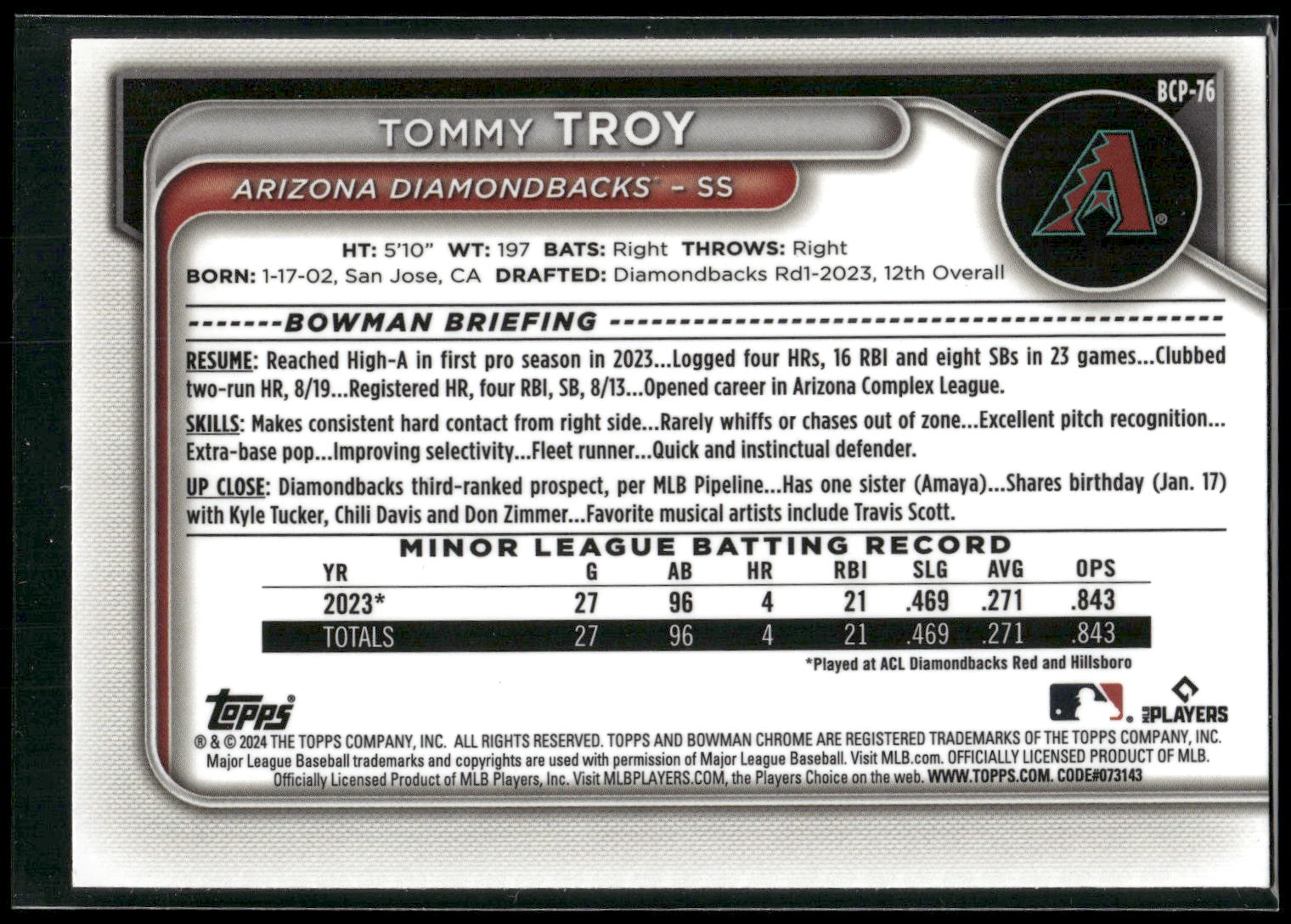 2024 Bowman #BCP-76 Tommy Troy Chrome Prospects