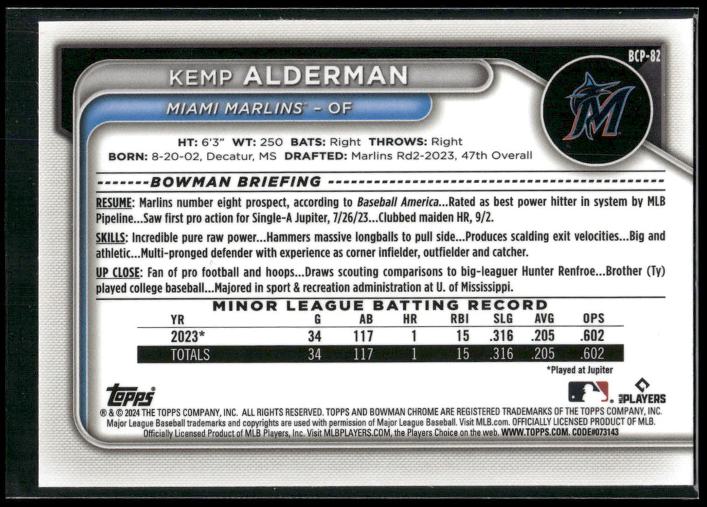 2024 Bowman #BCP-82 Kemp Alderman Chrome Prospects