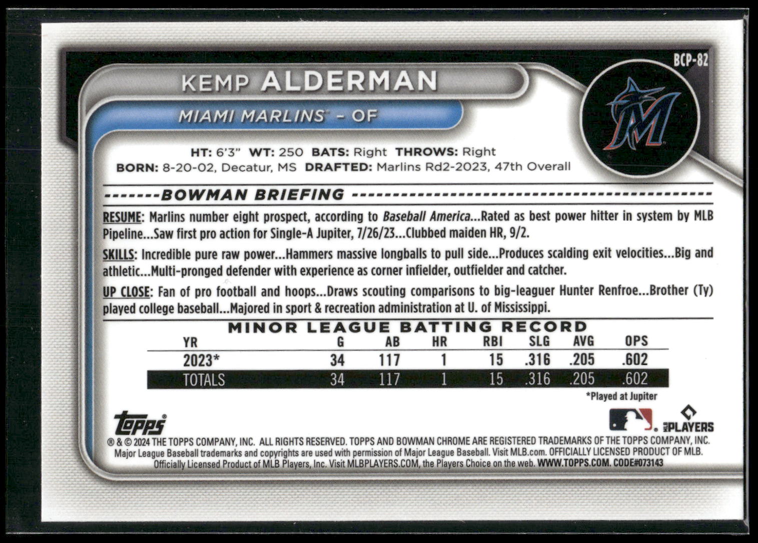 2024 Bowman #BCP-82 Kemp Alderman Chrome Prospects