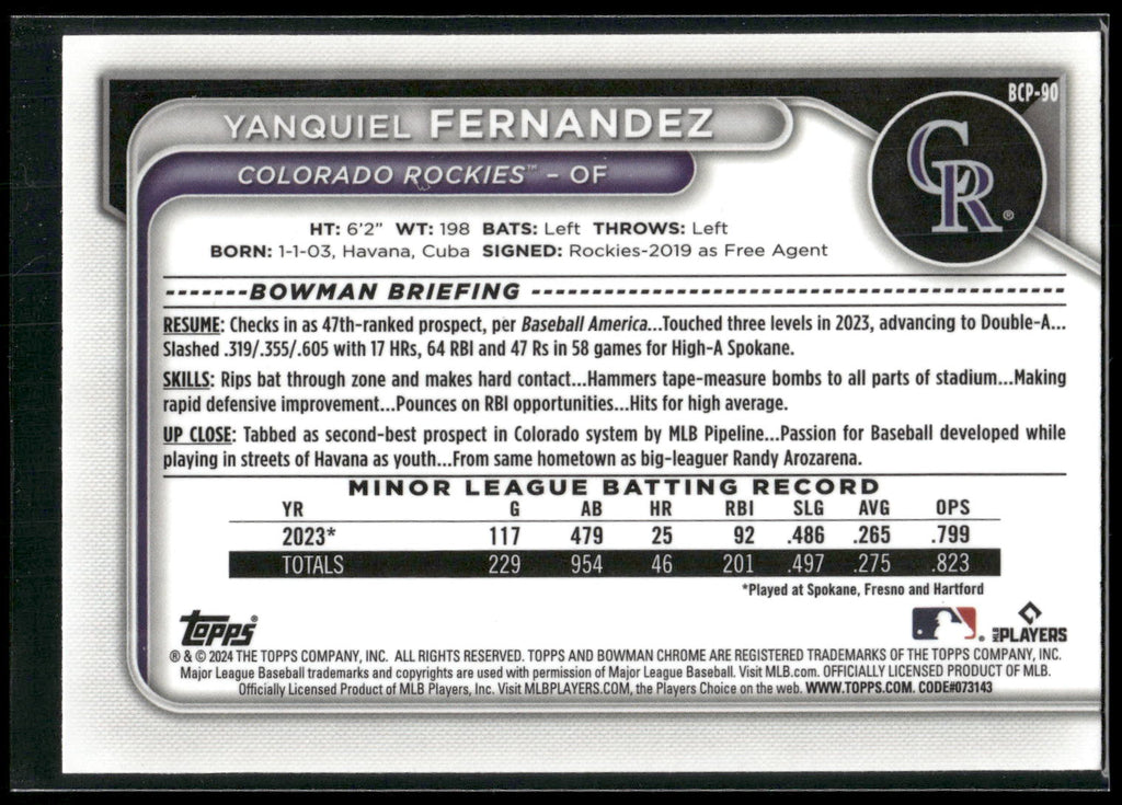 2024 Bowman #BCP-90 Yanquiel Fernandez Chrome Prospects