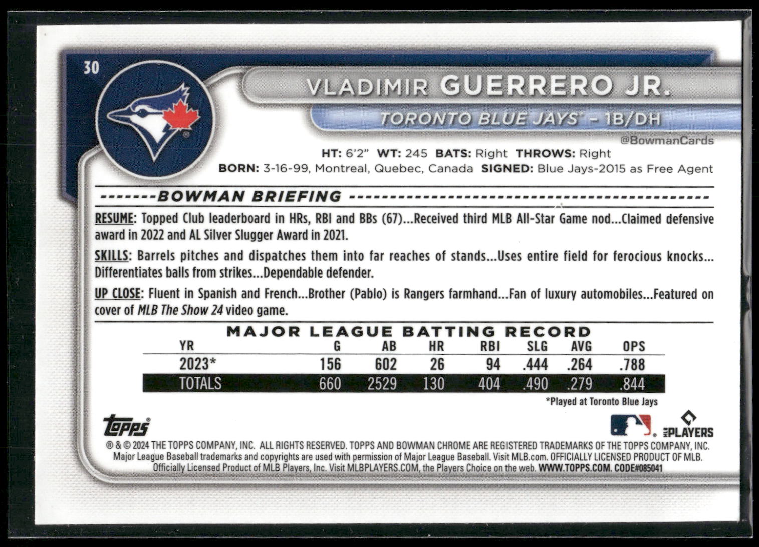 2024 Bowman Chrome #30 Vladimir Guerrero Jr.