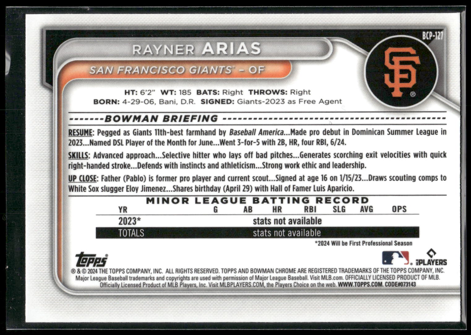 2024 Bowman #BCP-127 Rayner Arias Chrome Prospects