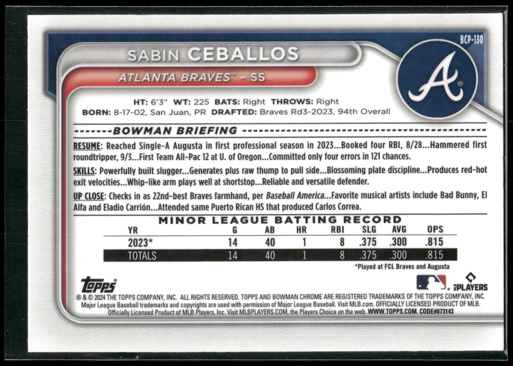 2024 Bowman #BCP-130 Sabin Ceballos Chrome Prospects